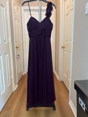 Betsy & Adam One-Shoulder Plum Chiffon Gown